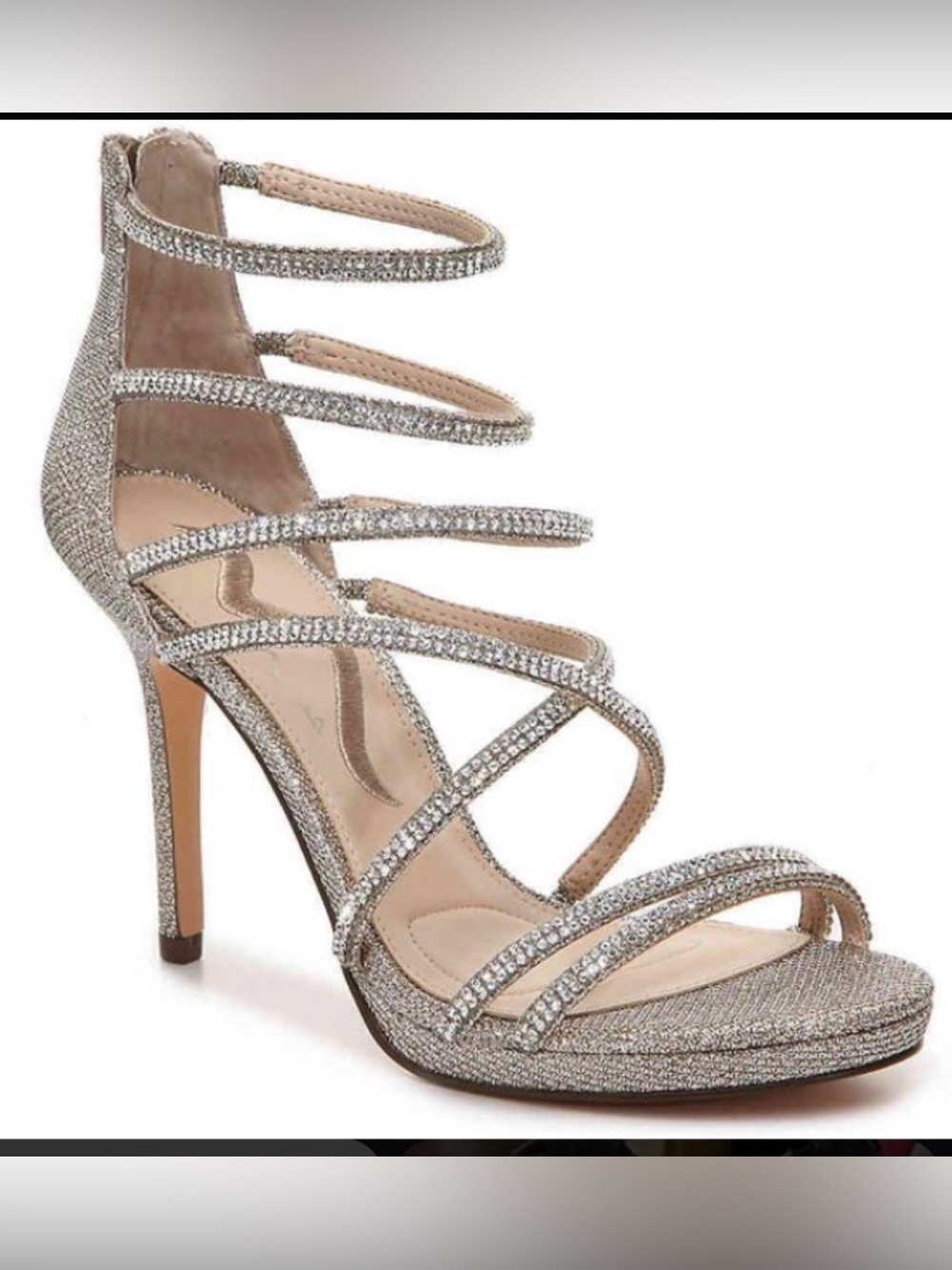 Nina Silver Gold Crystal Multi-Strap Stiletto Heel Sandals, Size 10